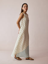 Orta Stripe Linen Bias Sleeveless Dress - Ivory