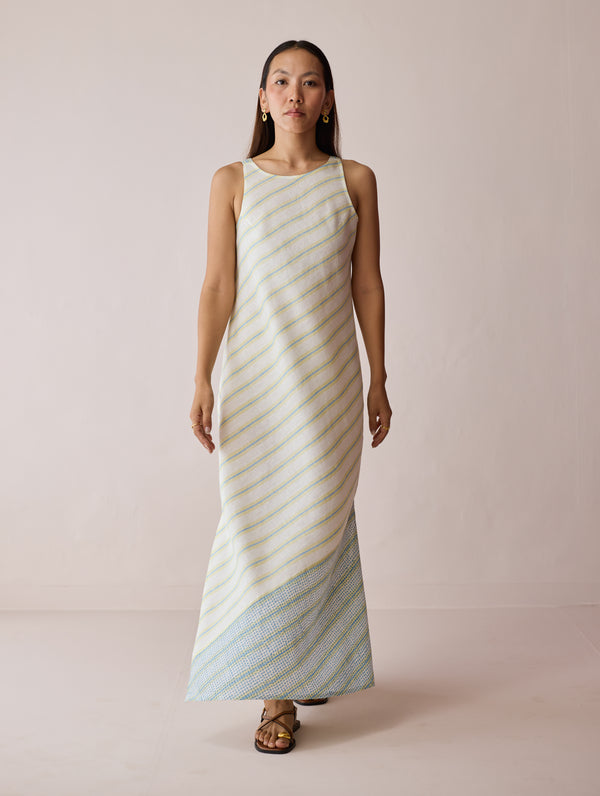 Orta Stripe Linen Bias Sleeveless Dress - Ivory