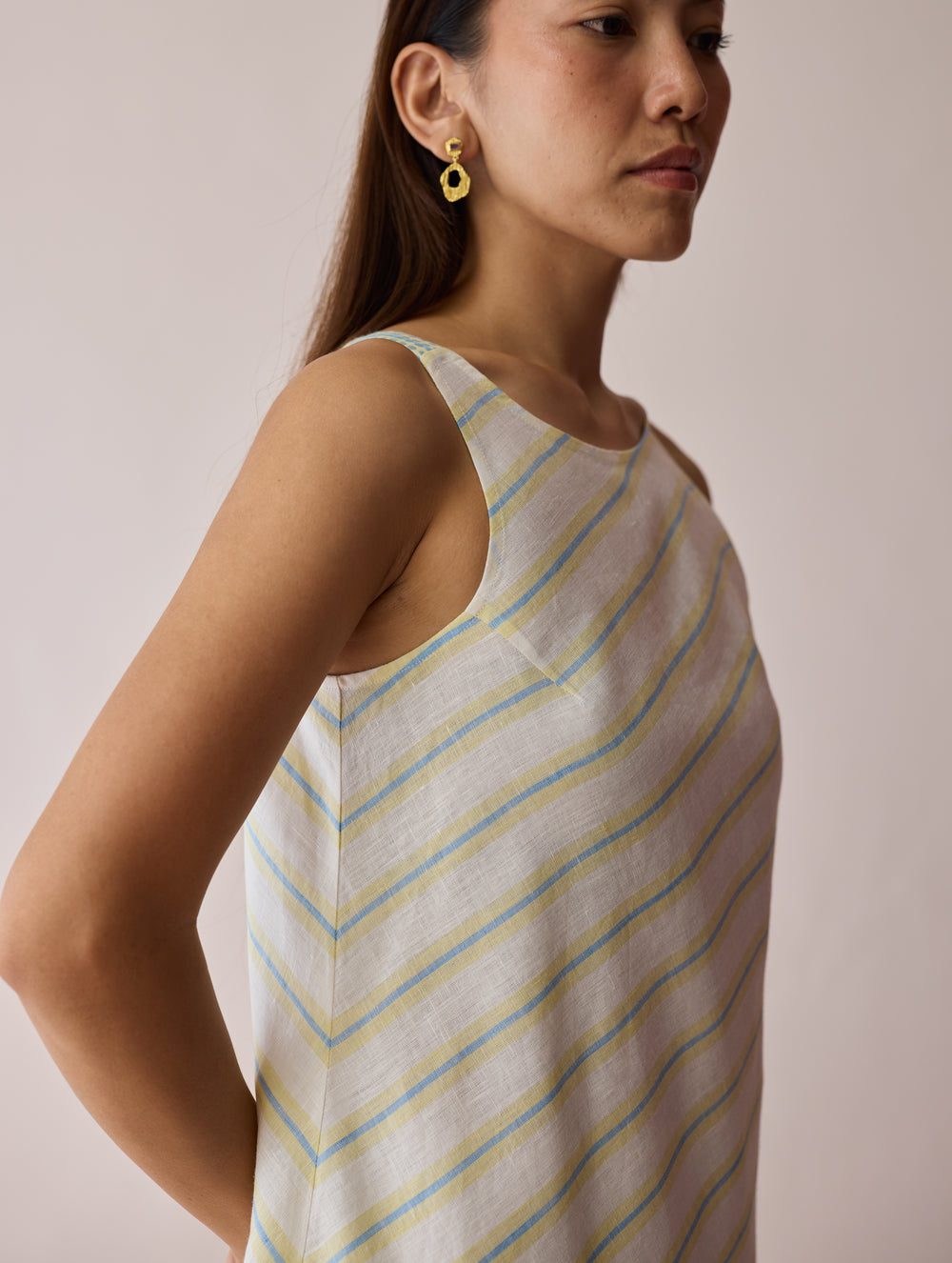 Orta Stripe Linen Bias Sleeveless Dress - Ivory