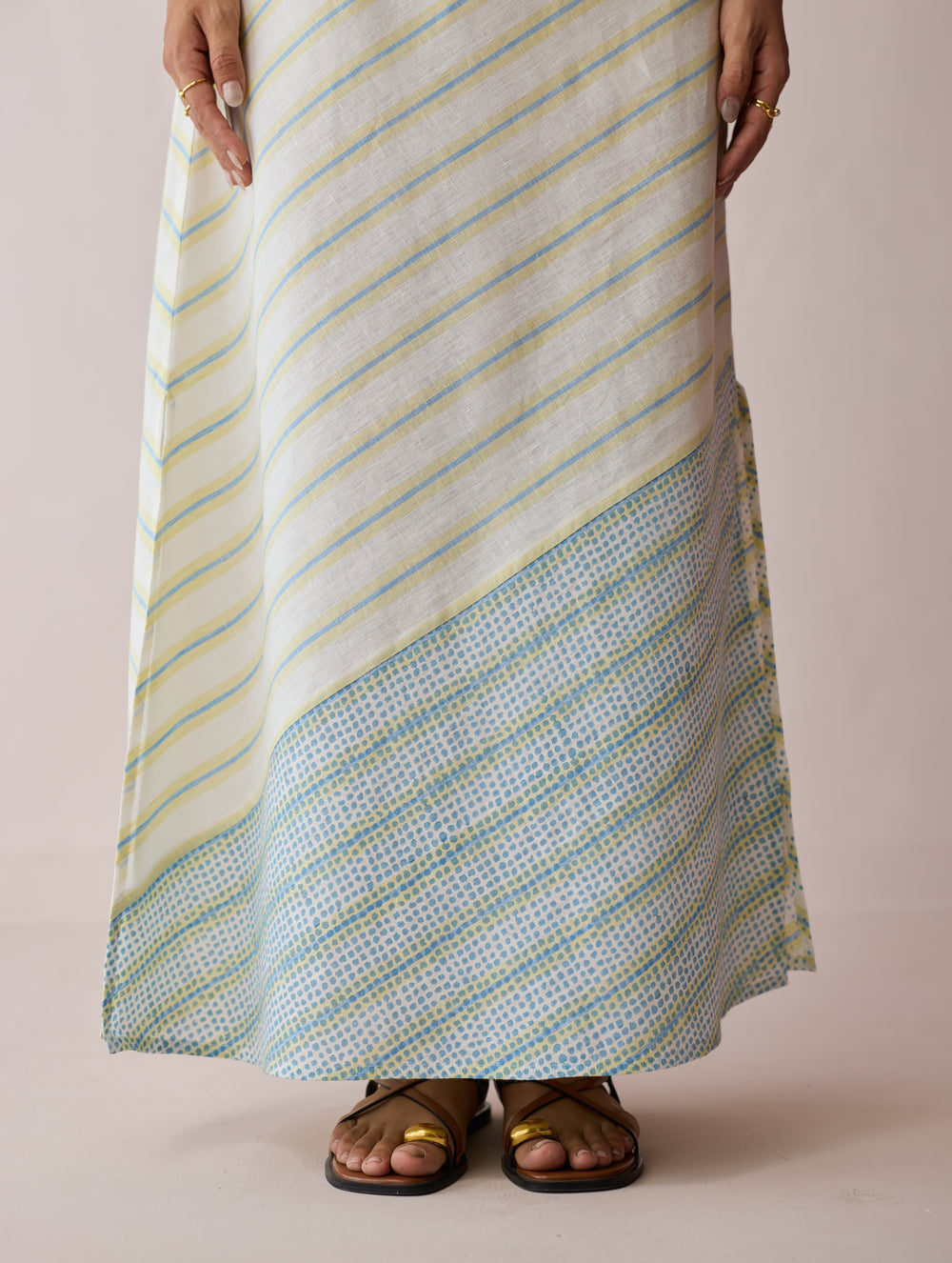 Orta Stripe Linen Bias Sleeveless Dress - Ivory
