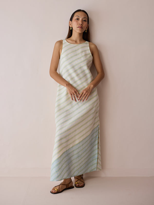 Orta Stripe Linen Bias Sleeveless Dress - Ivory