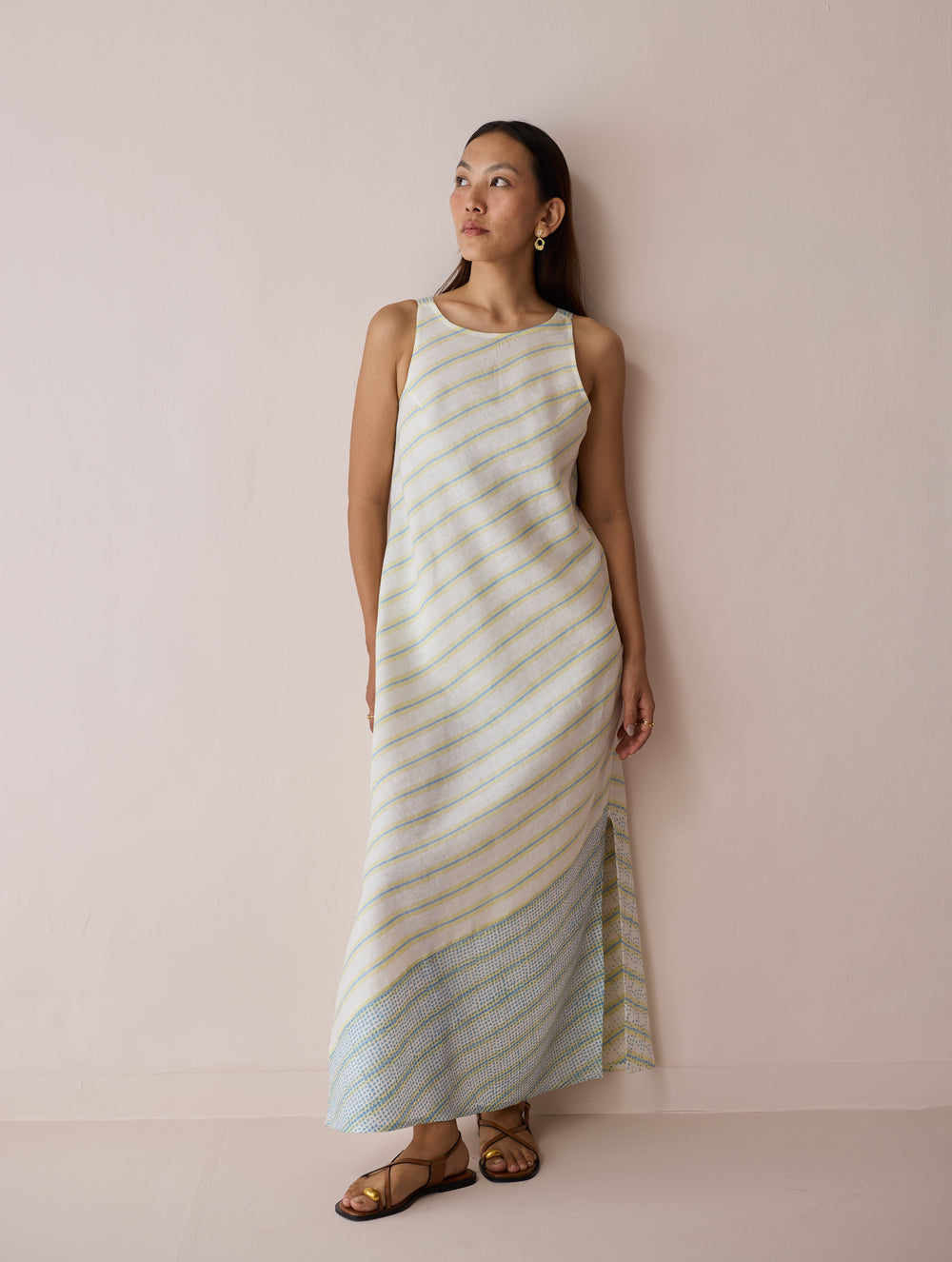 Orta Stripe Linen Bias Sleeveless Dress - Ivory