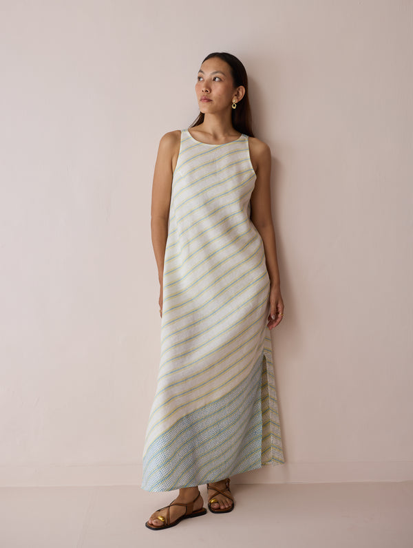 Orta Stripe Linen Bias Sleeveless Dress - Ivory