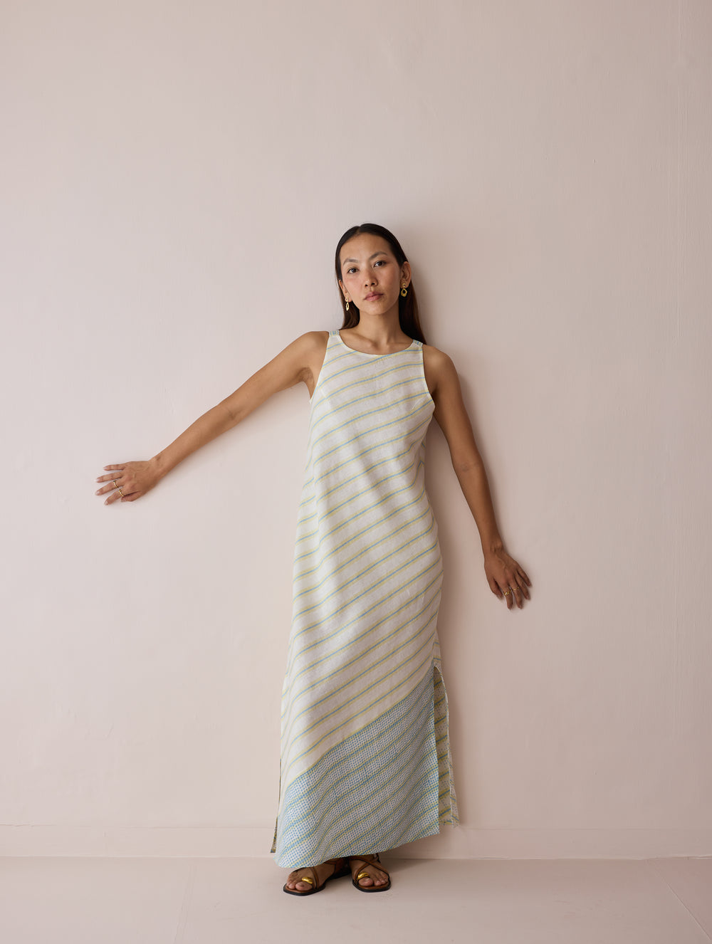 Orta Stripe Linen Bias Sleeveless Dress - Ivory
