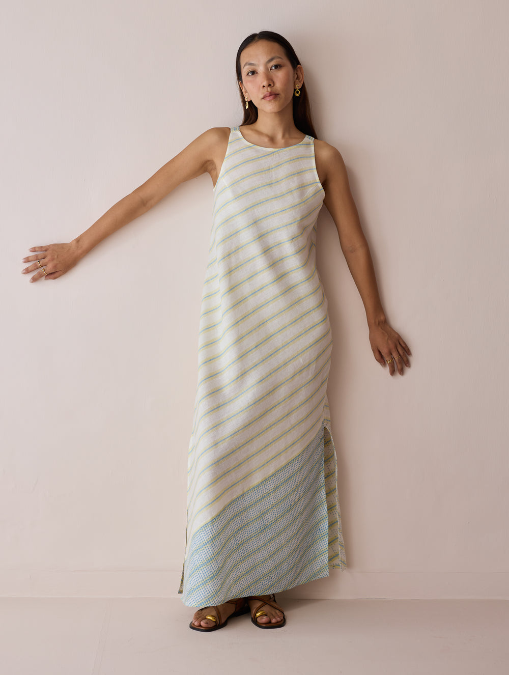 Orta Stripe Linen Bias Sleeveless Dress - Ivory