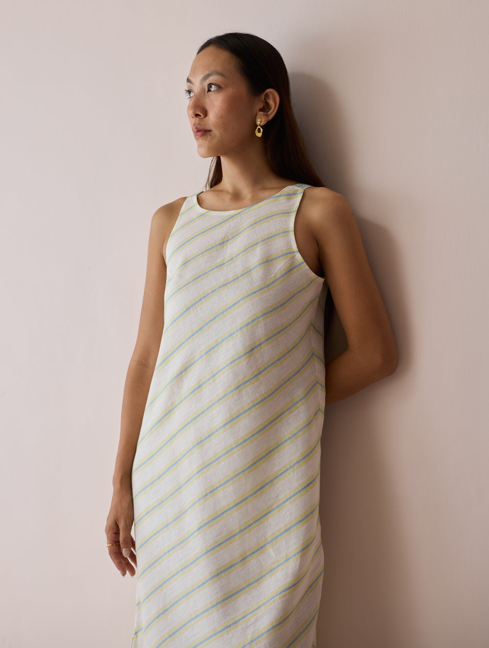 Orta Stripe Linen Bias Sleeveless Dress - Ivory