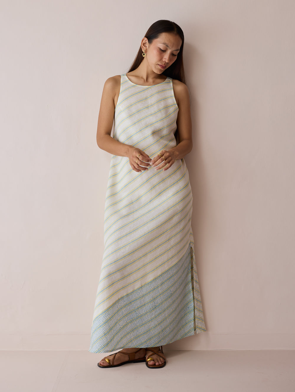 Orta Stripe Linen Bias Sleeveless Dress - Ivory