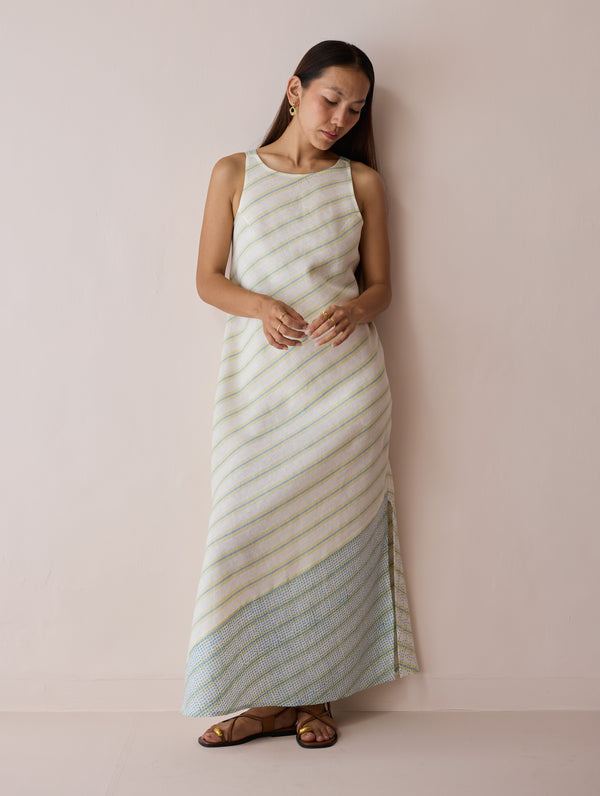 Orta Stripe Linen Bias Sleeveless Dress - Ivory