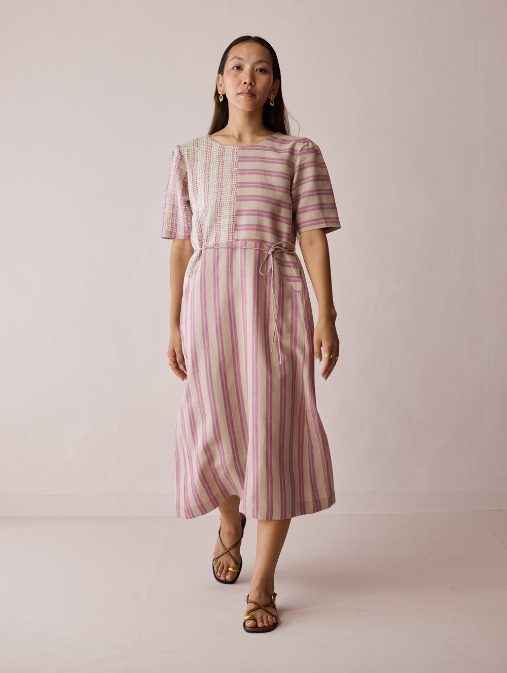 Sola Patchwork Block-Printed Linen Dress - Natural
