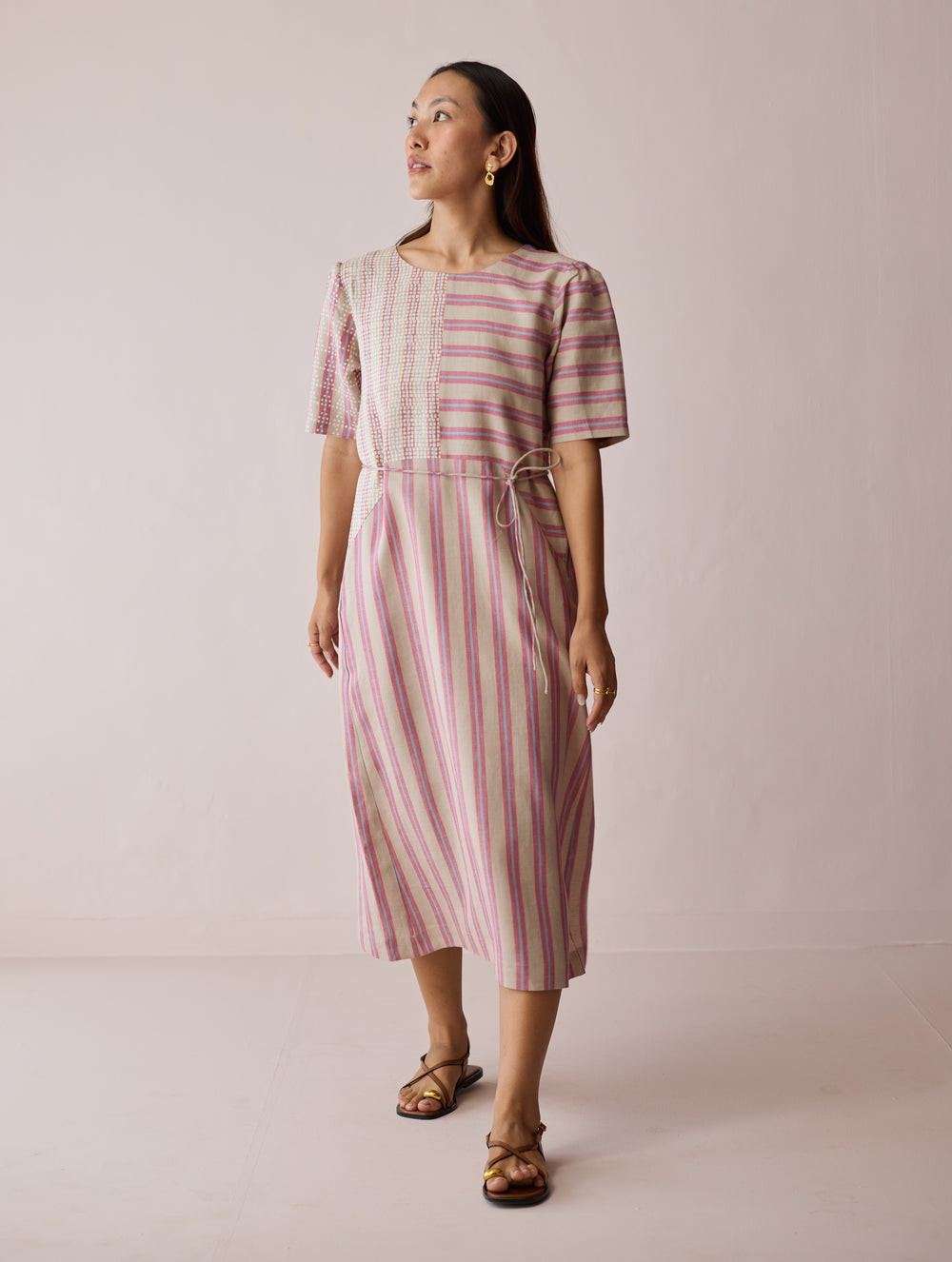 Sola Patchwork Block-Printed Linen Dress - Natural