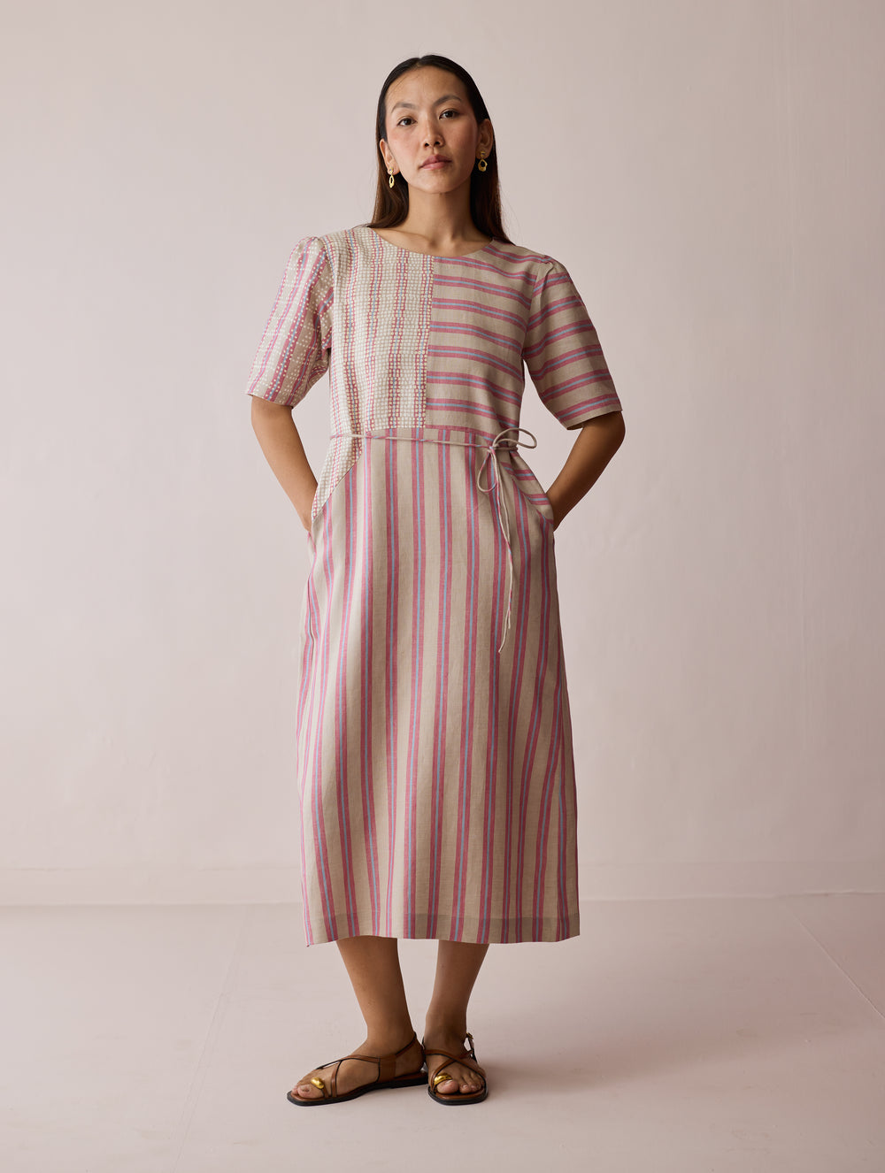 Sola Patchwork Block-Printed Linen Dress - Natural