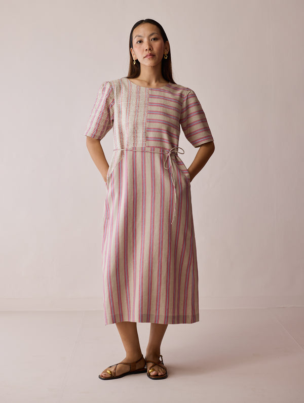 Sola Patchwork Block-Printed Linen Dress - Natural