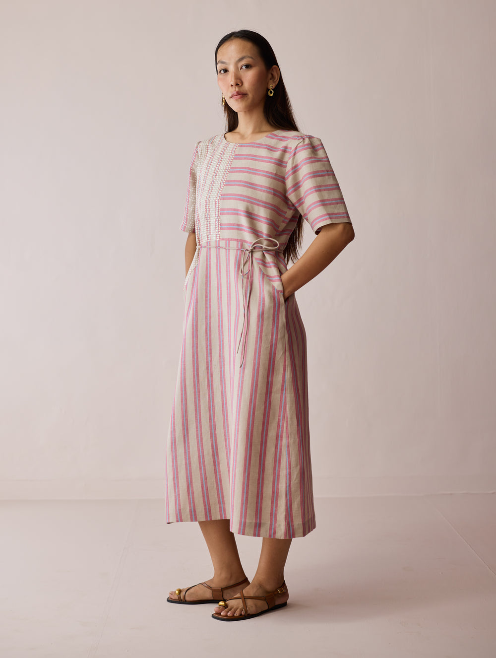 Sola Patchwork Block-Printed Linen Dress - Natural