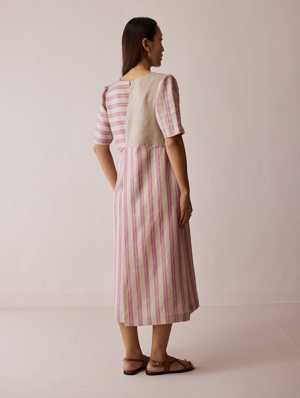 Sola Patchwork Block-Printed Linen Dress - Natural