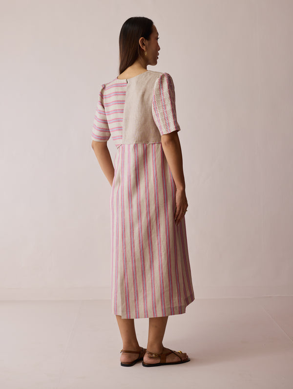 Sola Patchwork Block-Printed Linen Dress - Natural