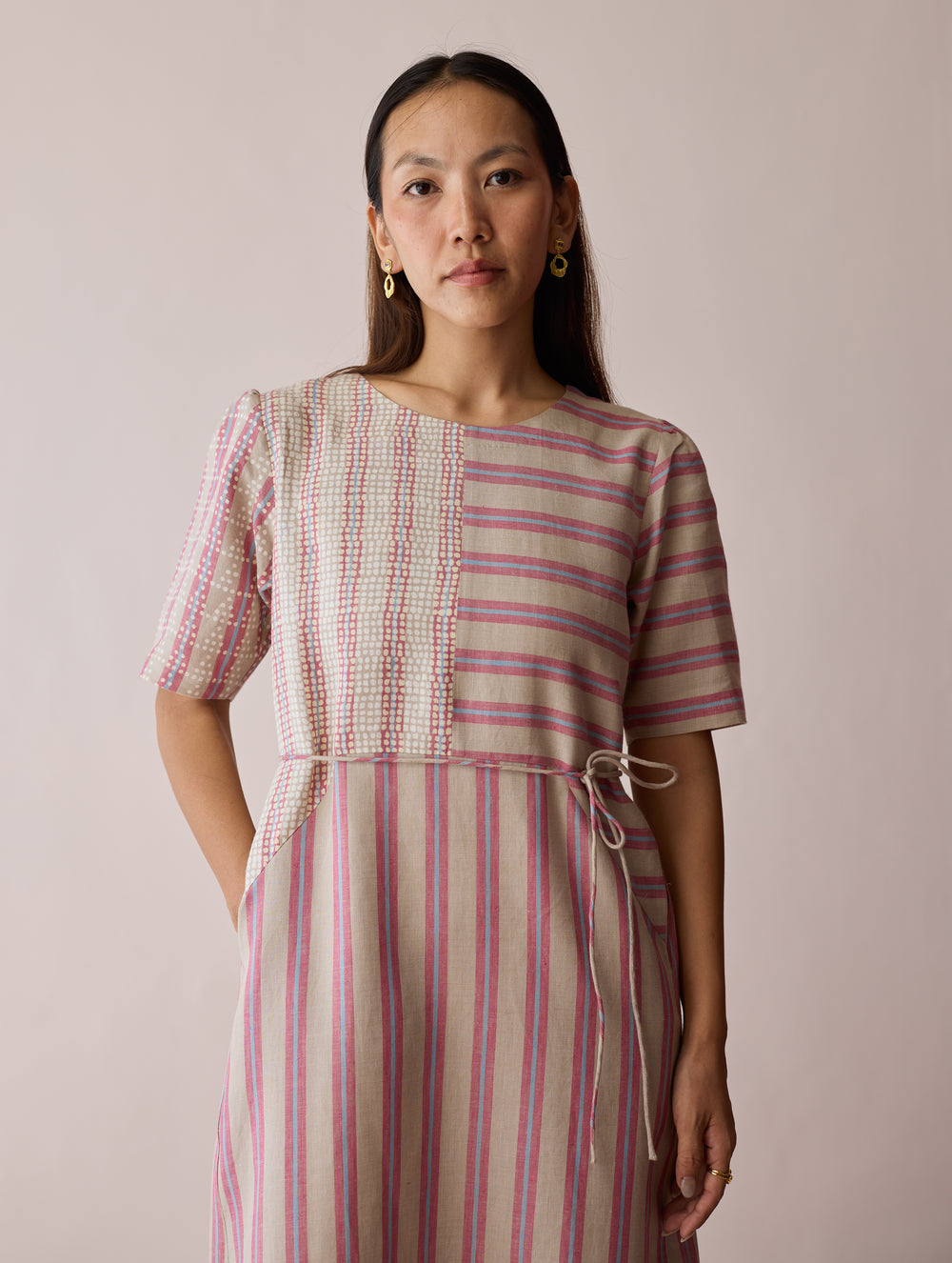 Sola Patchwork Block-Printed Linen Dress - Natural
