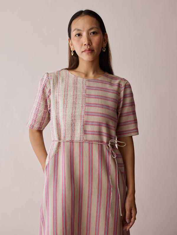 Sola Patchwork Block-Printed Linen Dress - Natural