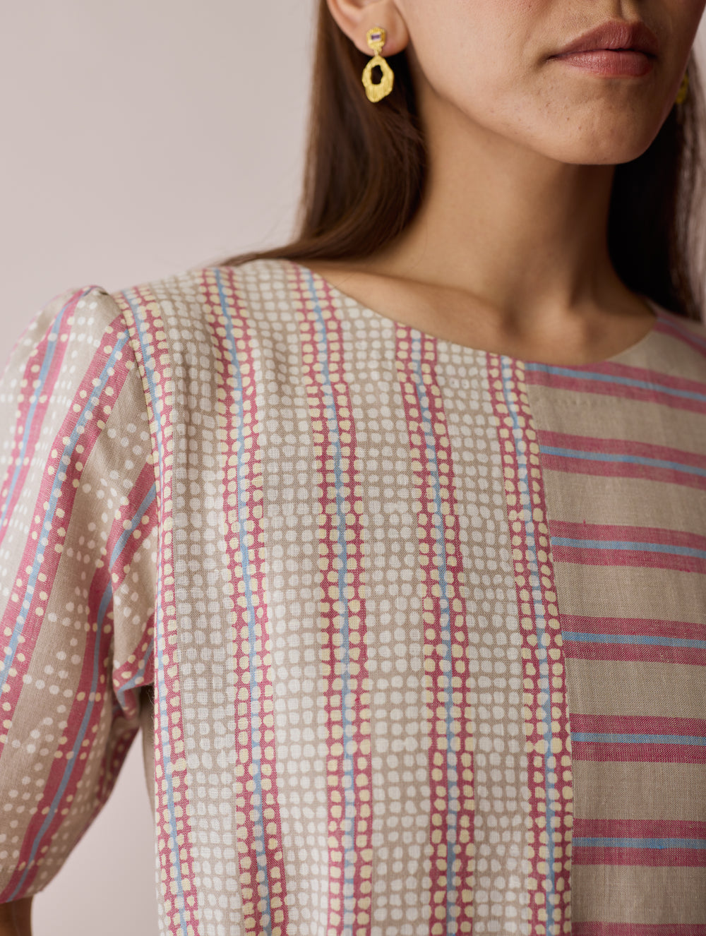 Sola Patchwork Block-Printed Linen Dress - Natural