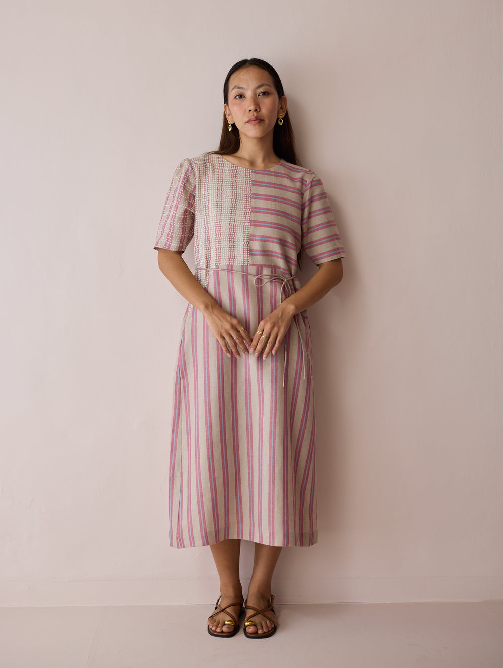 Sola Patchwork Block-Printed Linen Dress - Natural