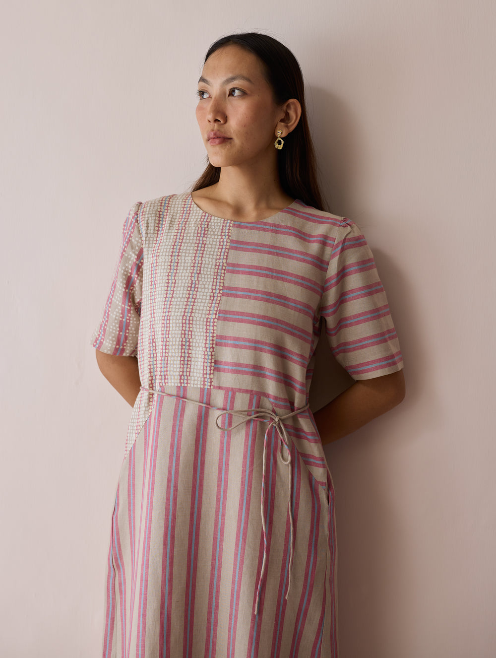 Sola Patchwork Block-Printed Linen Dress - Natural