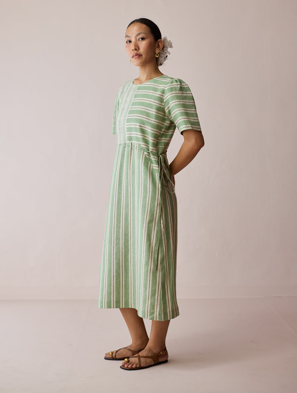 Sola Patchwork Block-Printed Linen Dress - Fern