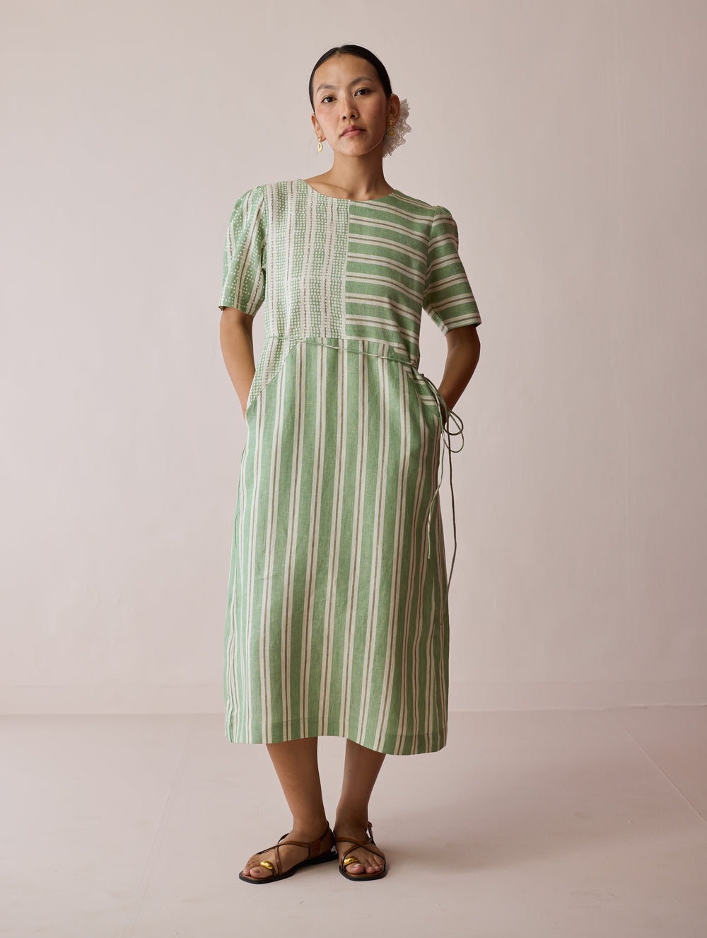 Sola Patchwork Block-Printed Linen Dress - Fern