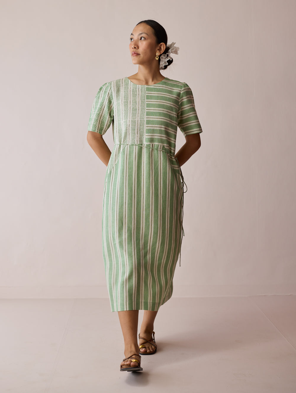 Sola Patchwork Block-Printed Linen Dress - Fern