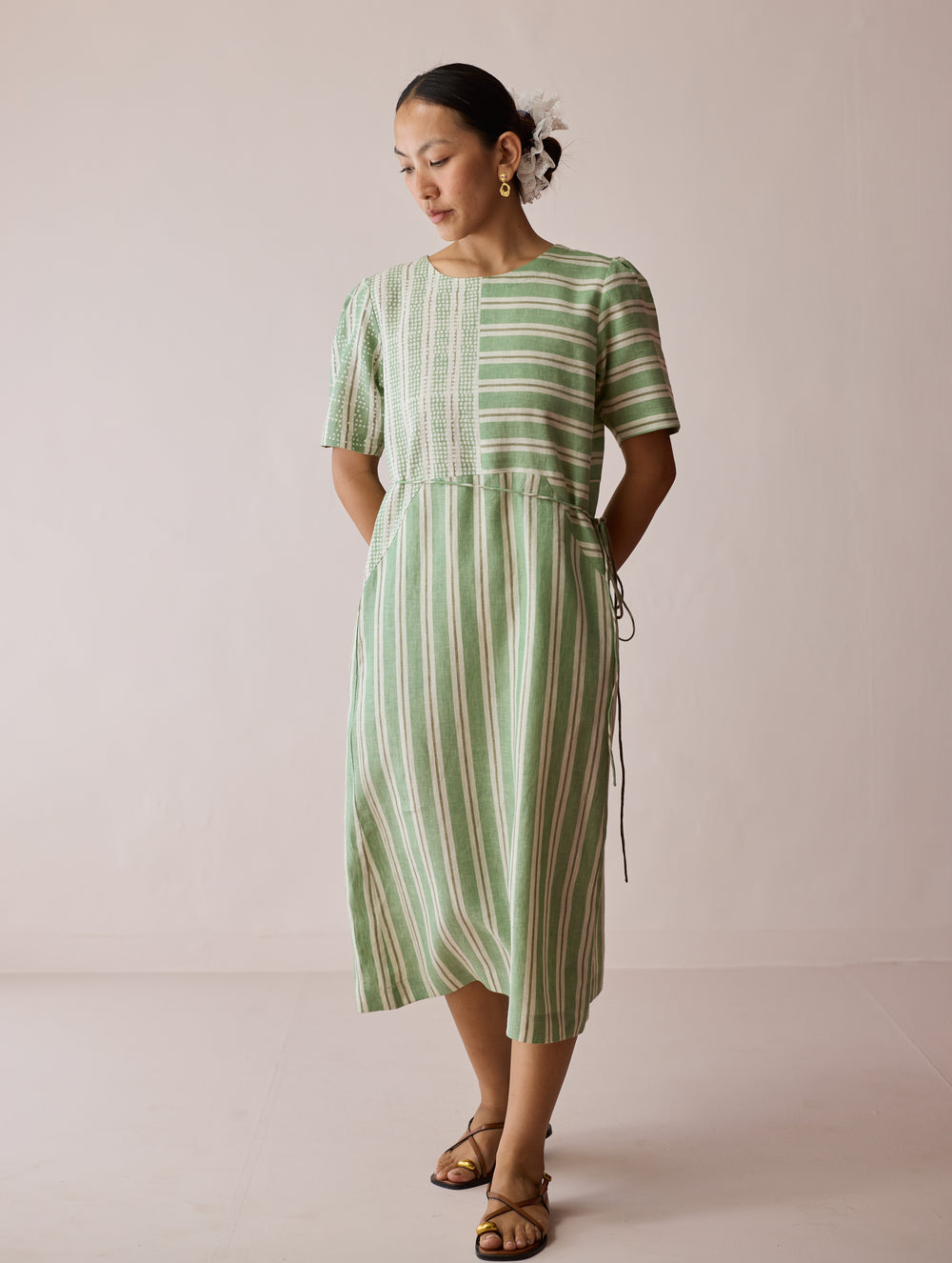 Sola Patchwork Block-Printed Linen Dress - Fern