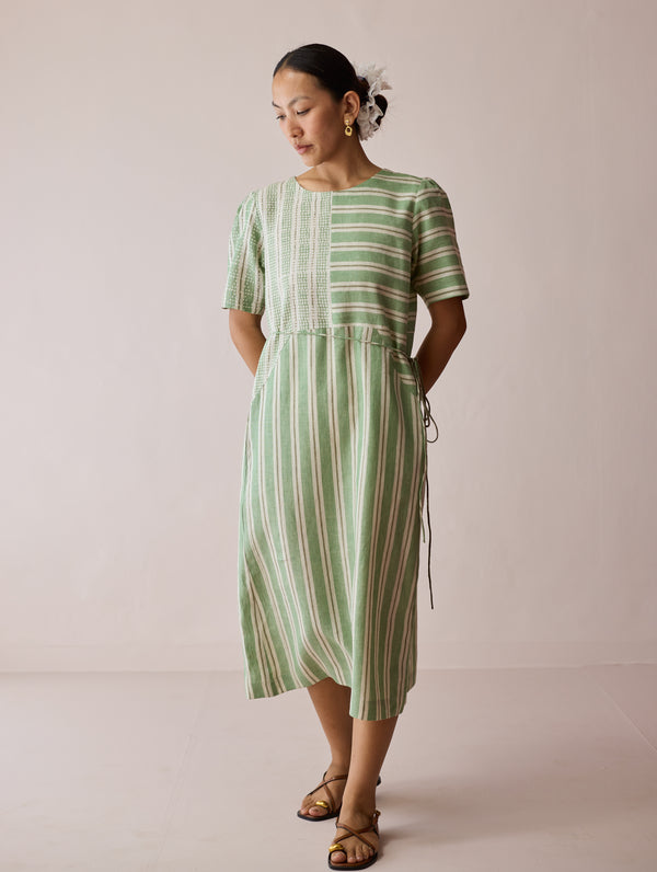 Sola Patchwork Block-Printed Linen Dress - Fern
