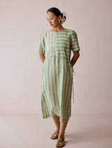 Sola Patchwork Block-Printed Linen Dress - Fern