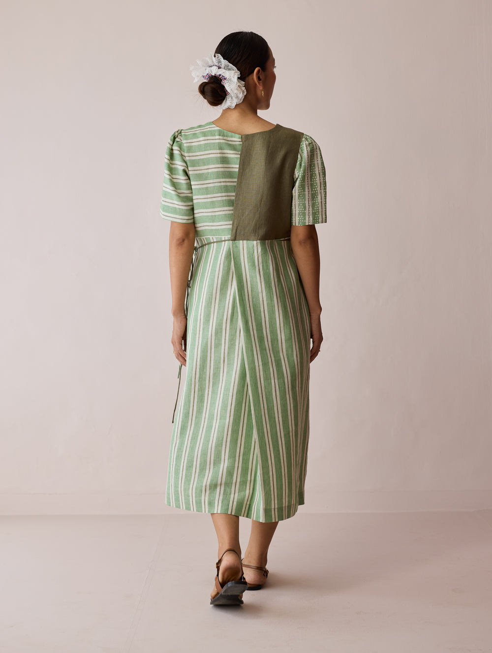 Sola Patchwork Block-Printed Linen Dress - Fern