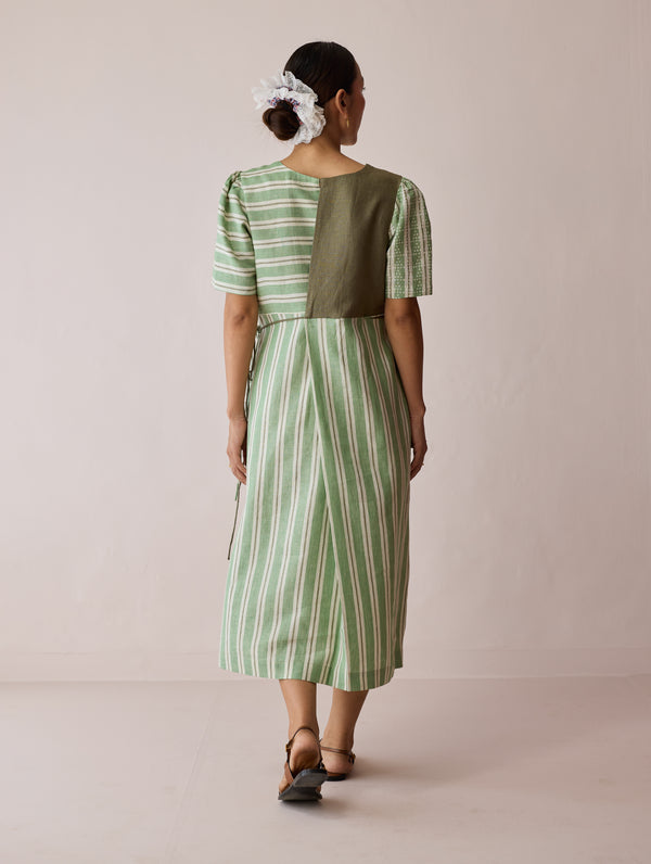 Sola Patchwork Block-Printed Linen Dress - Fern