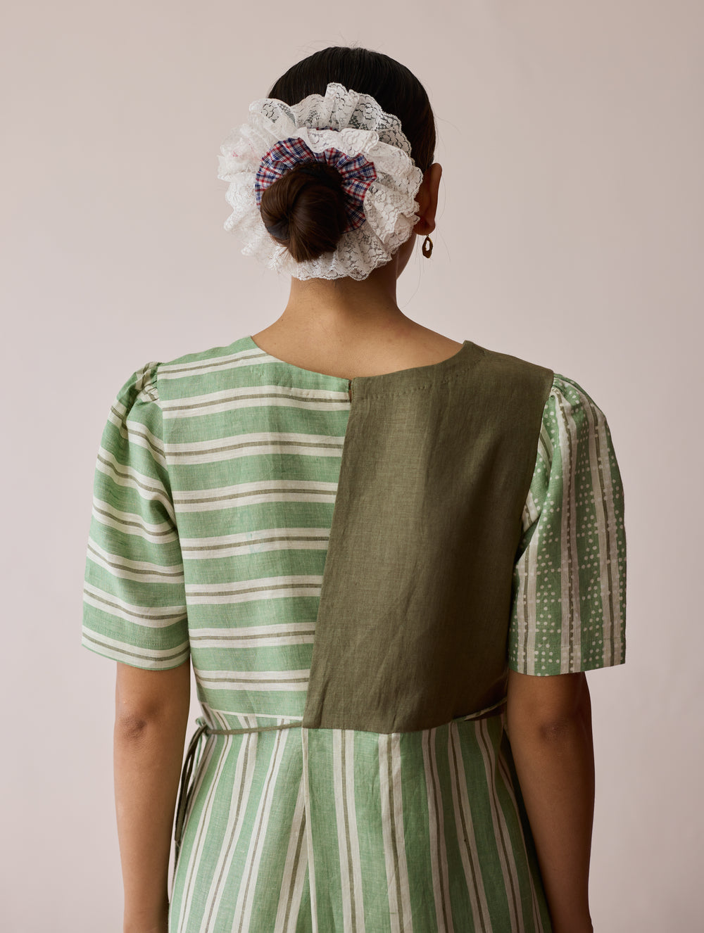 Sola Patchwork Block-Printed Linen Dress - Fern