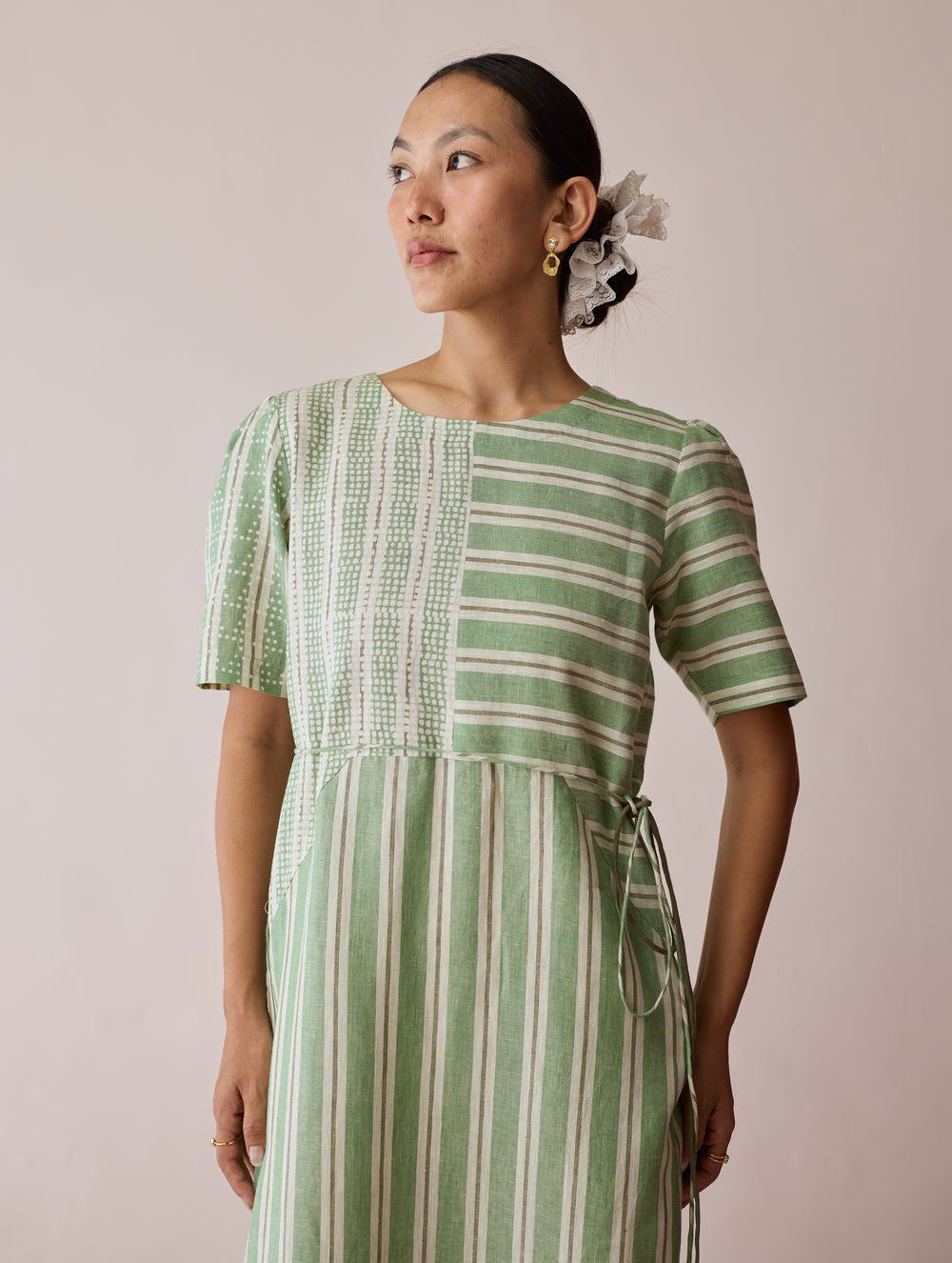 Sola Patchwork Block-Printed Linen Dress - Fern