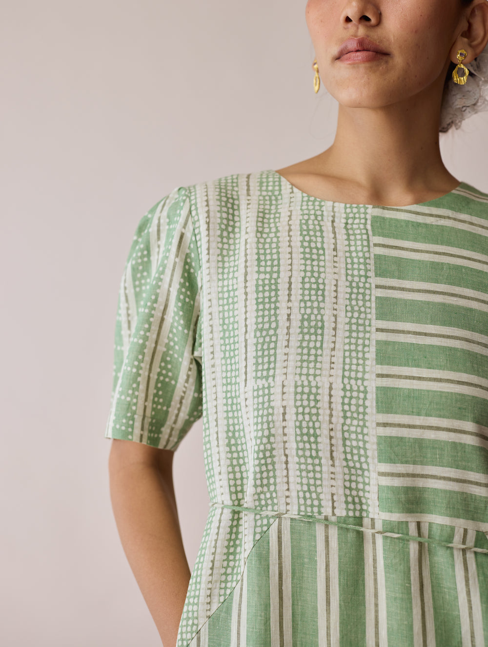 Sola Patchwork Block-Printed Linen Dress - Fern
