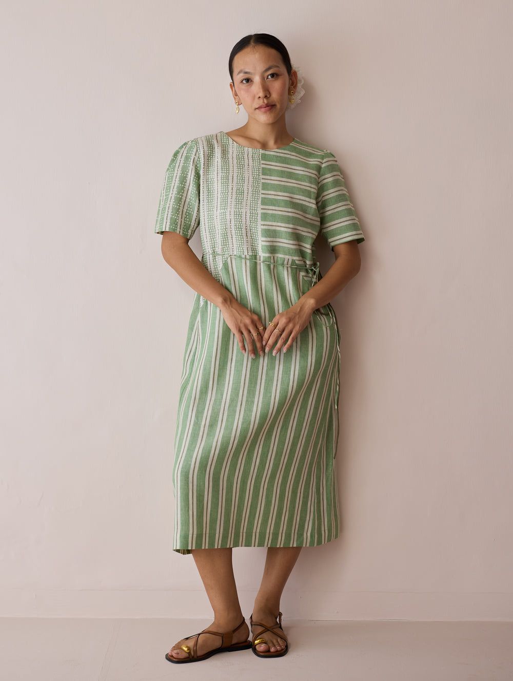 Sola Patchwork Block-Printed Linen Dress - Fern