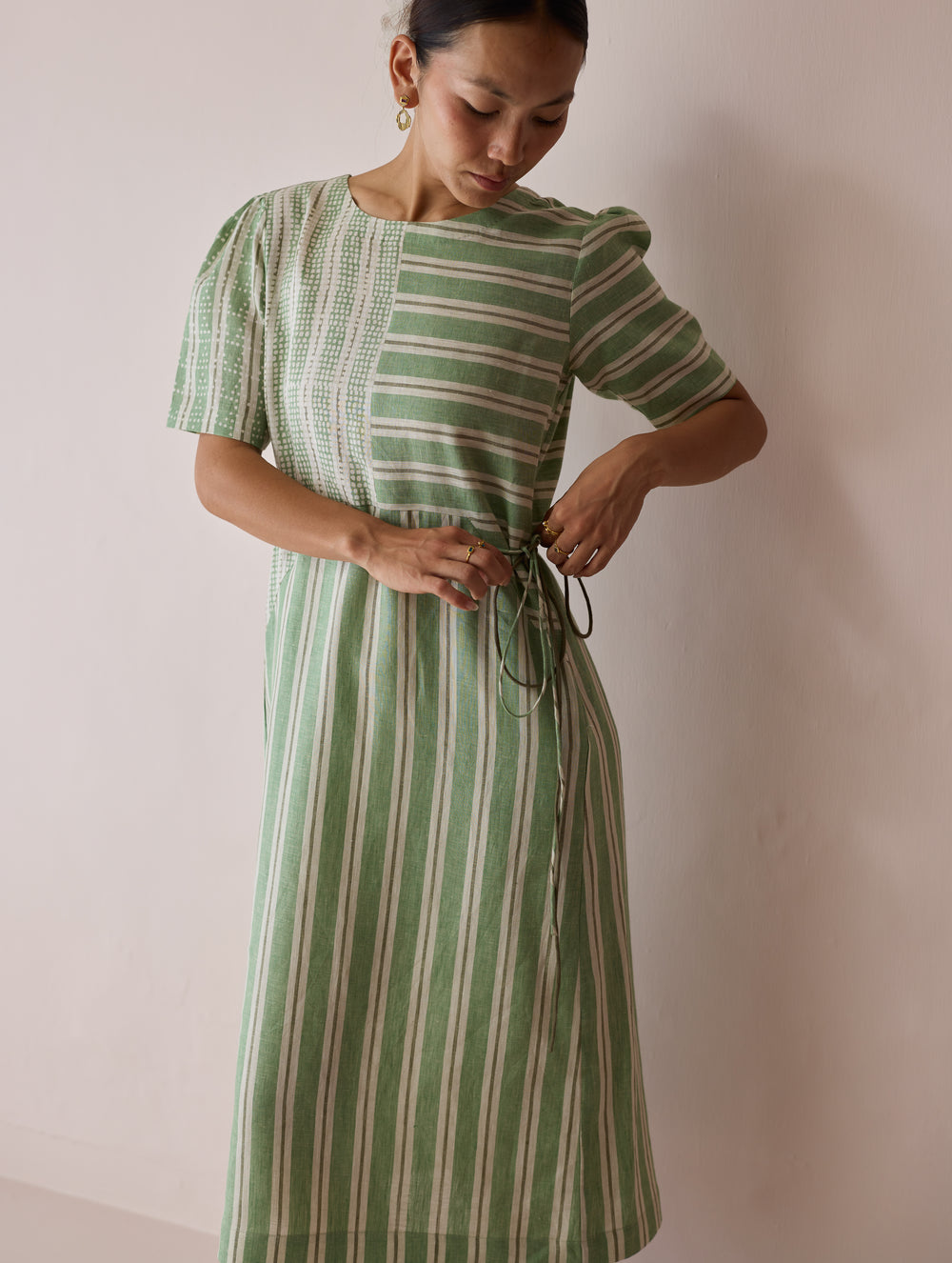 Sola Patchwork Block-Printed Linen Dress - Fern