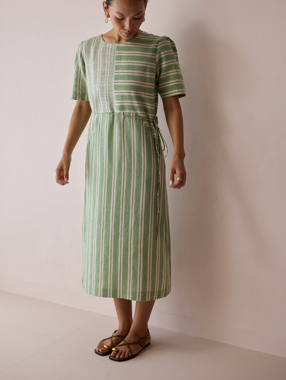 Sola Patchwork Block-Printed Linen Dress - Fern