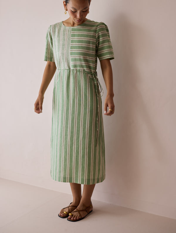 Sola Patchwork Block-Printed Linen Dress - Fern