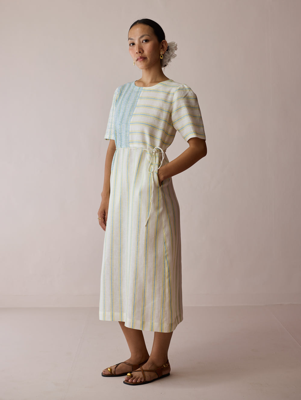 Sola Patchwork Block-Printed Linen Dress - Ivory