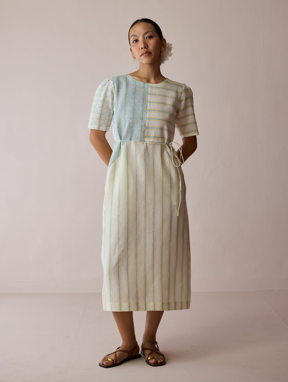 Sola Patchwork Block-Printed Linen Dress - Ivory