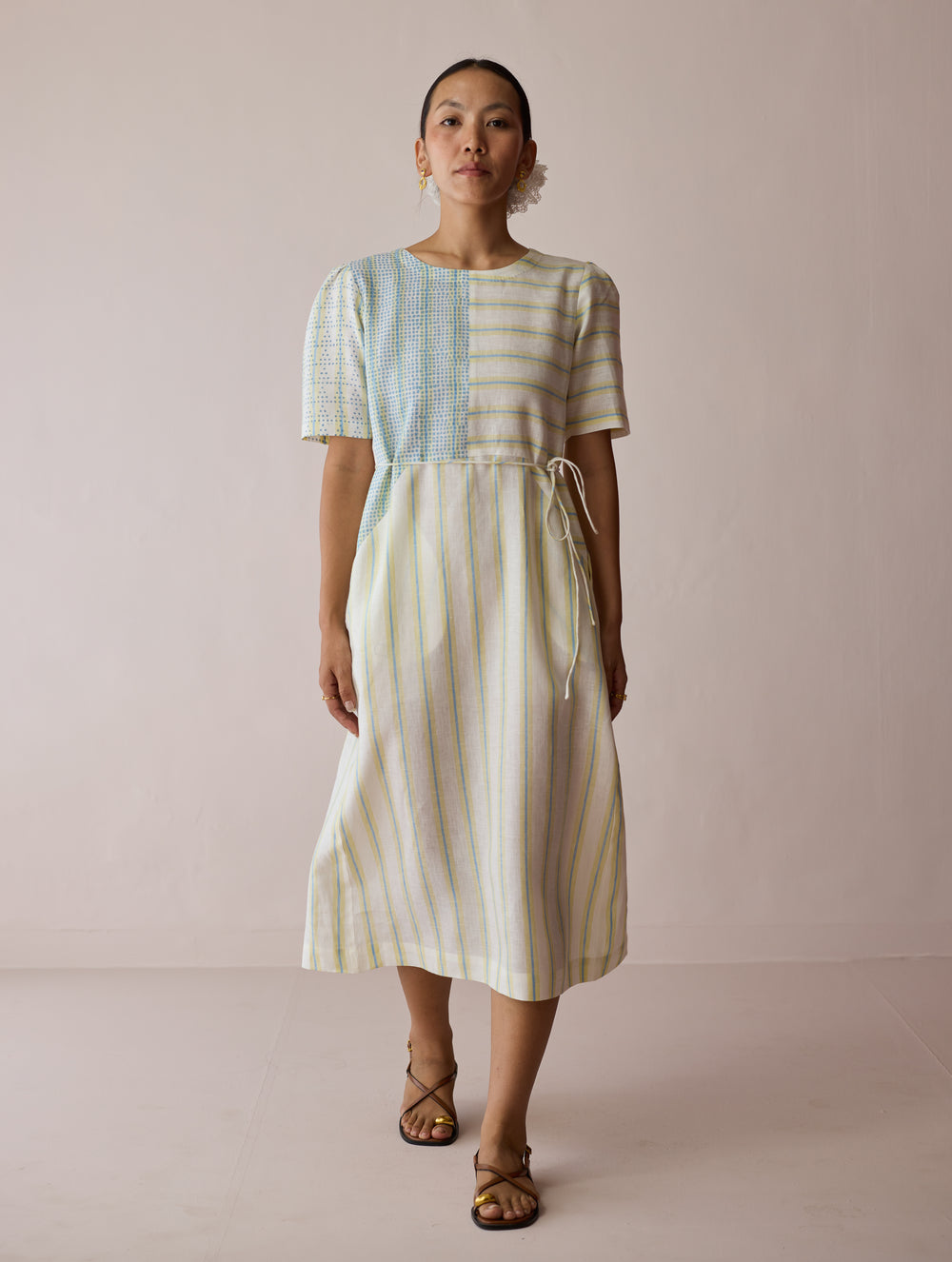 Sola Patchwork Block-Printed Linen Dress - Ivory