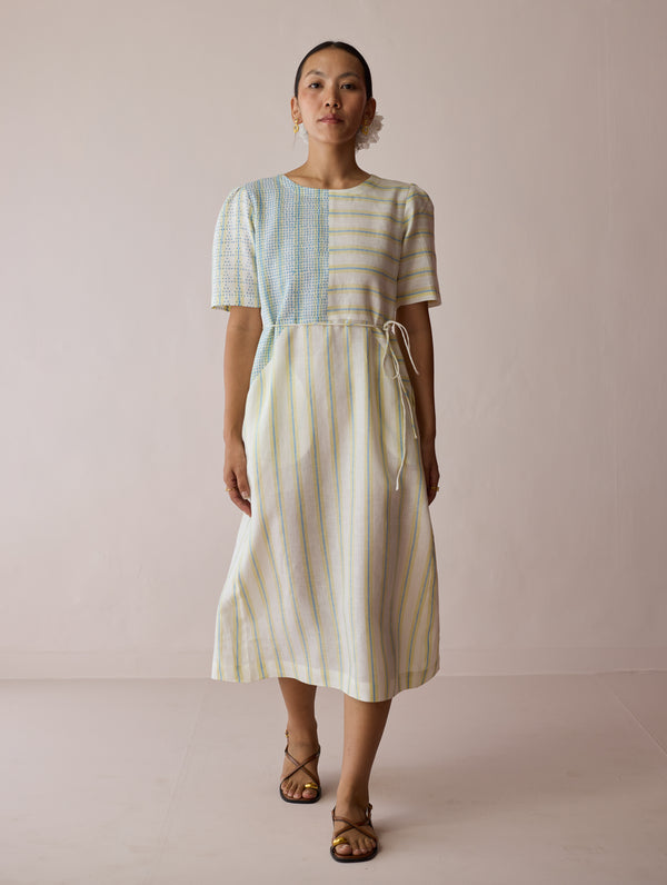 Sola Patchwork Block-Printed Linen Dress - Ivory
