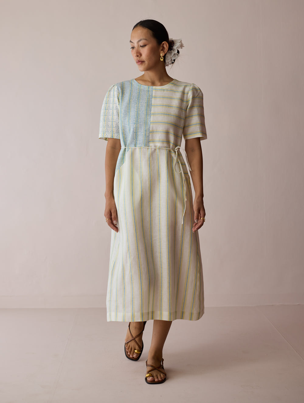 Sola Patchwork Block-Printed Linen Dress - Ivory