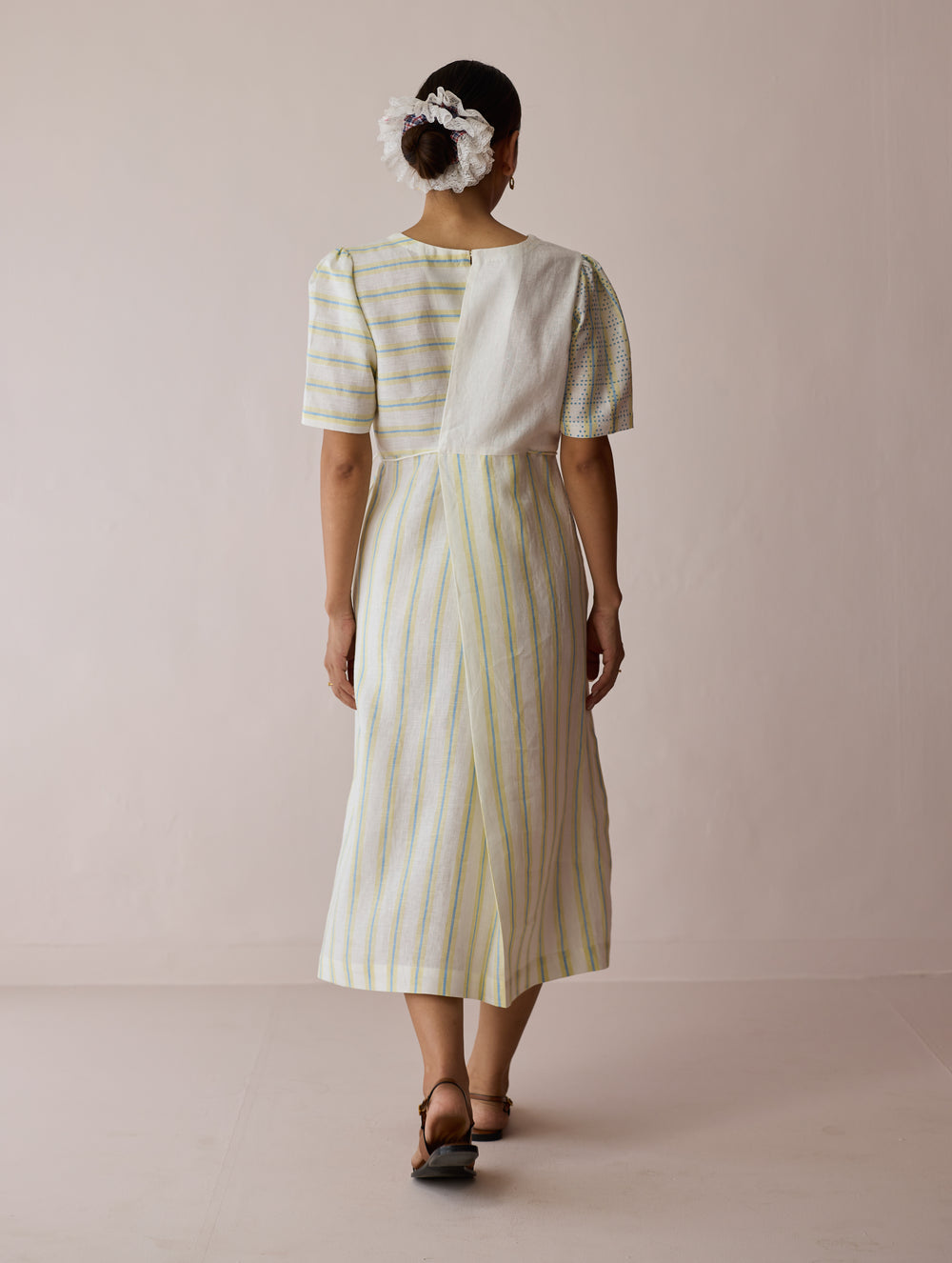 Sola Patchwork Block-Printed Linen Dress - Ivory
