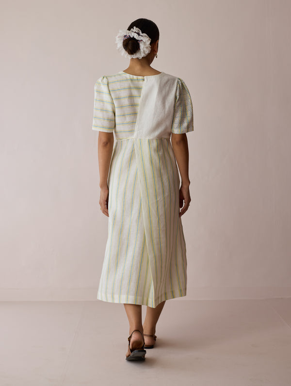 Sola Patchwork Block-Printed Linen Dress - Ivory