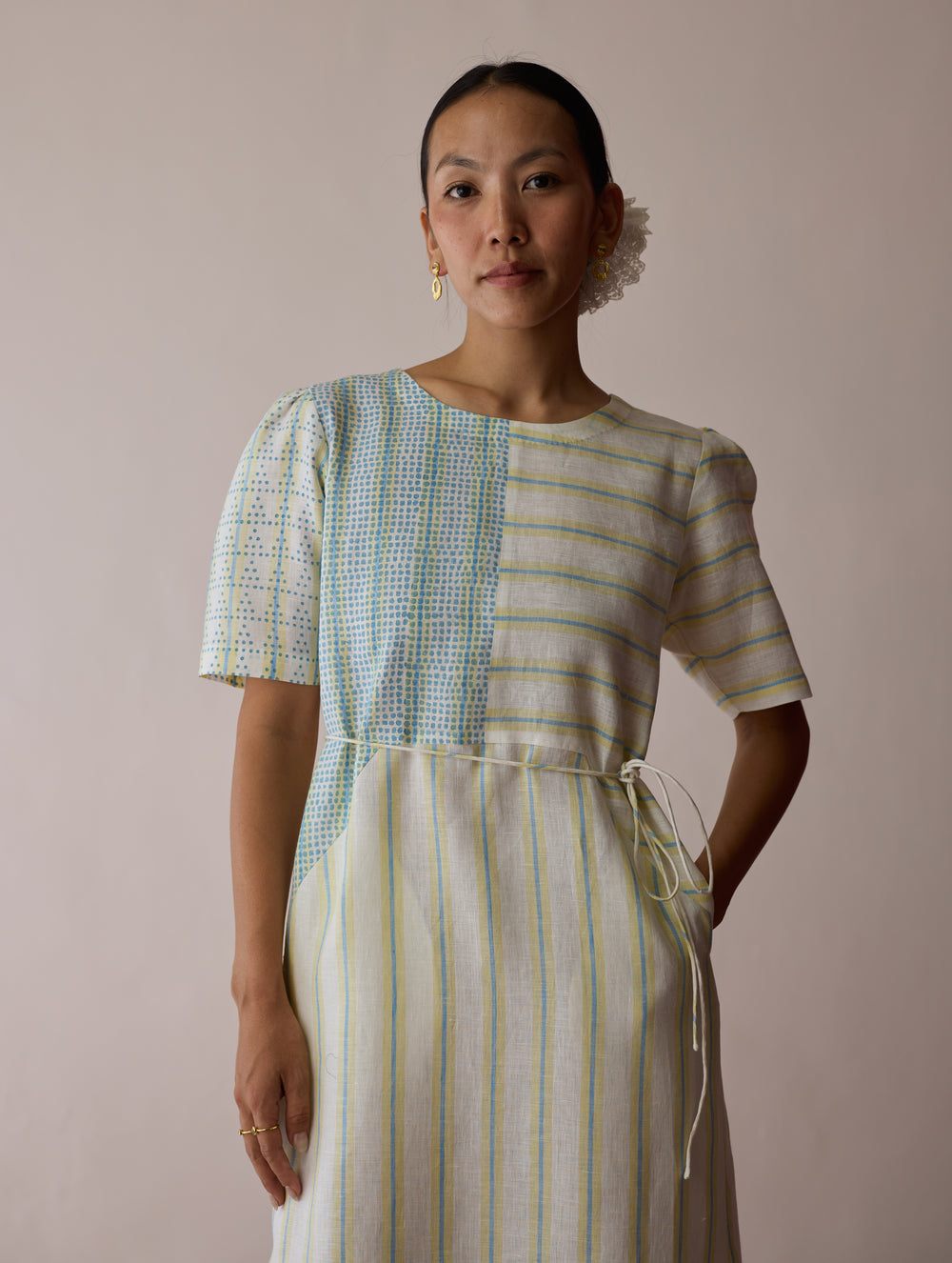 Sola Patchwork Block-Printed Linen Dress - Ivory