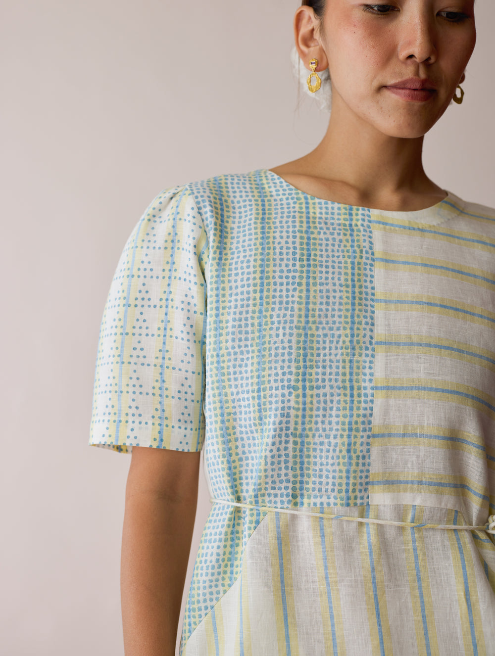 Sola Patchwork Block-Printed Linen Dress - Ivory