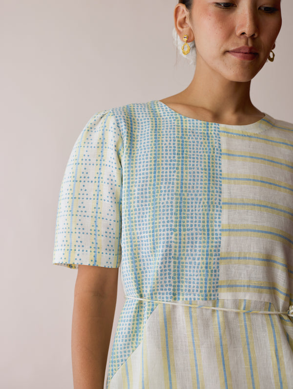 Sola Patchwork Block-Printed Linen Dress - Ivory