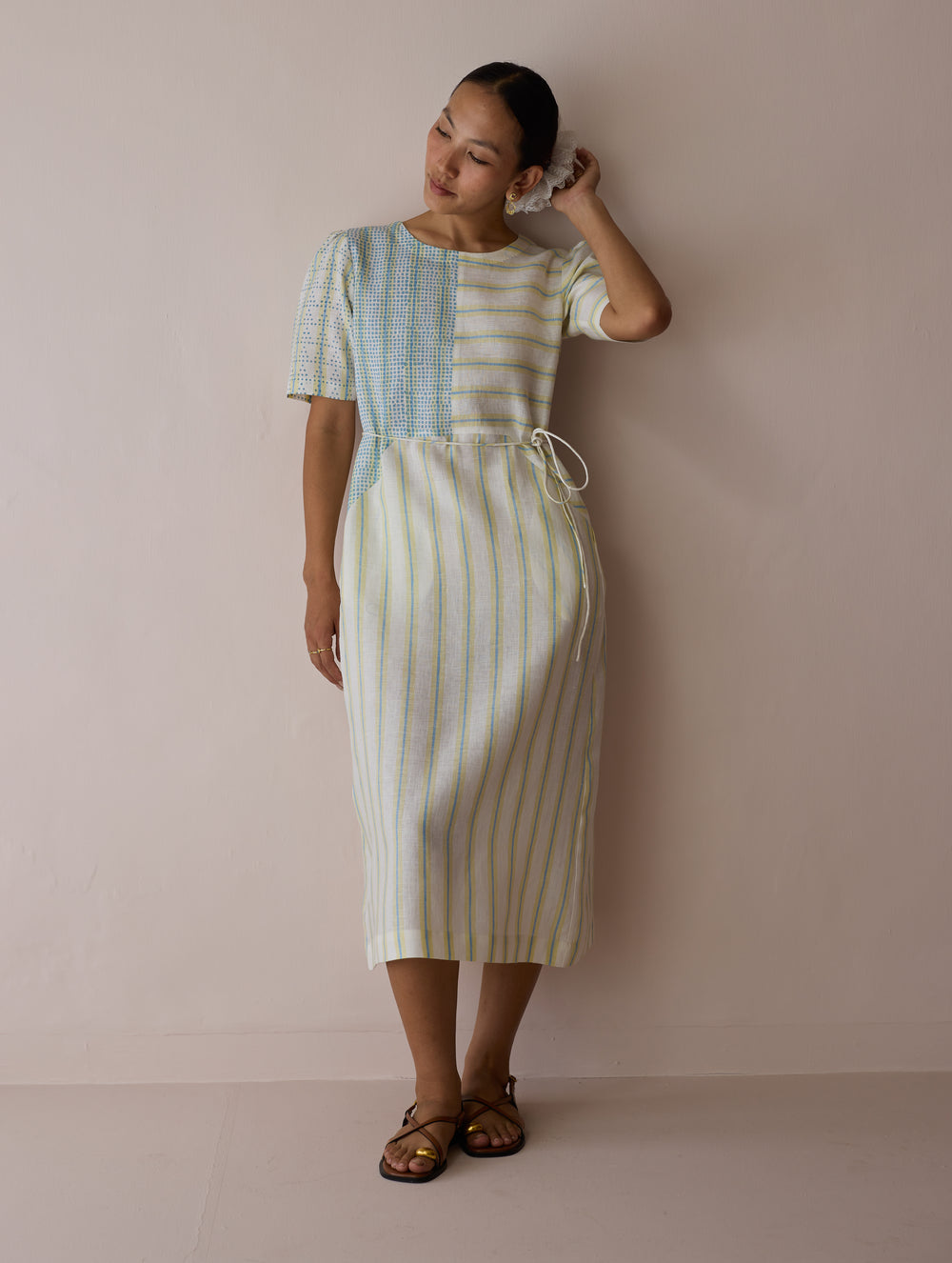 Sola Patchwork Block-Printed Linen Dress - Ivory